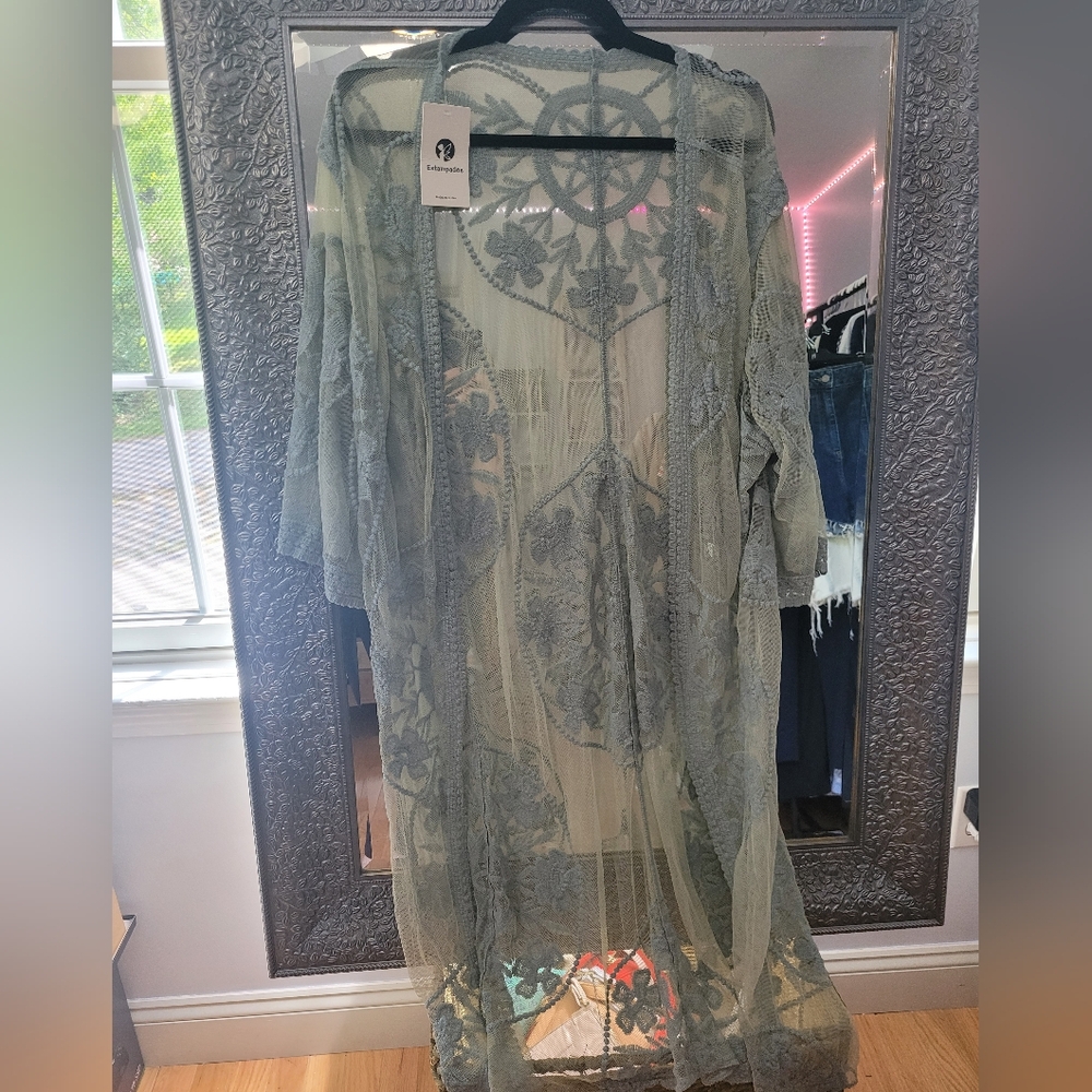 Estampados Sheer Lace Blue (Greenish Tint) Kimono Cardigan
